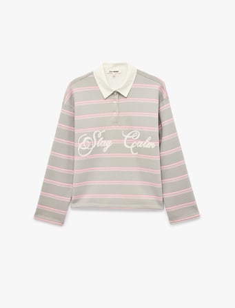 Üç İplik Şardonlu Pamuklu Uzun Kollu Rahat Kalıp Çizgili Polo Yaka Sweatshirt