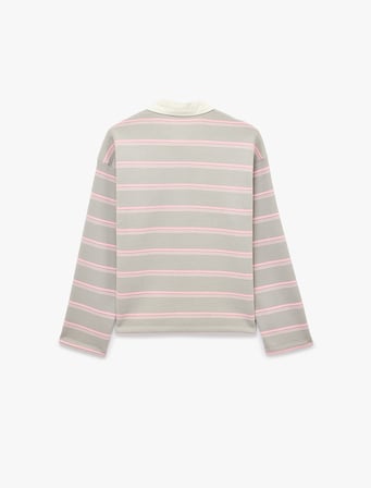 Üç İplik Şardonlu Pamuklu Uzun Kollu Rahat Kalıp Çizgili Polo Yaka Sweatshirt