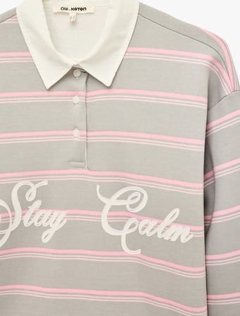 Üç İplik Şardonlu Pamuklu Uzun Kollu Rahat Kalıp Çizgili Polo Yaka Sweatshirt