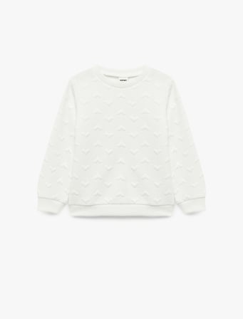 Kalp Desenli Uzun Kollu Bisiklet Yaka Sweatshirt