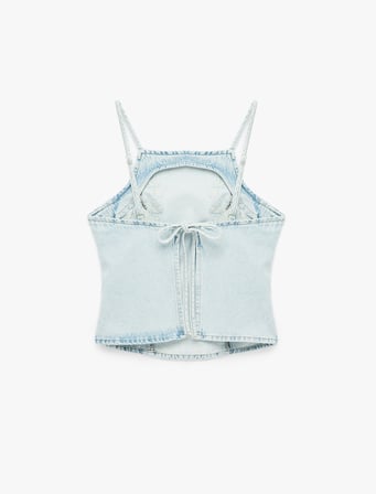 Kare Yaka Nakışlı Sırt Detaylı Kolsuz Denim Bluz