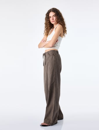 Pamuklu Rahat Kalıp Beli Bağcıklı Çizgili Pantolon - Loose Straight Fit Jean