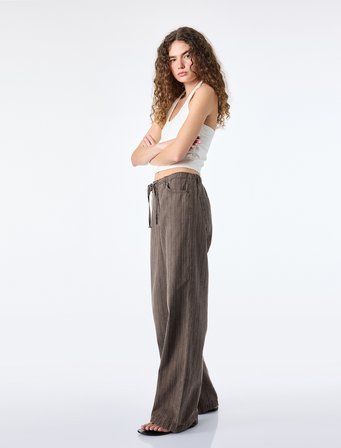 Pamuklu Rahat Kalıp Beli Bağcıklı Çizgili Pantolon - Loose Straight Fit Jean