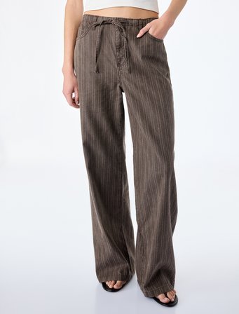 Pamuklu Rahat Kalıp Beli Bağcıklı Çizgili Pantolon - Loose Straight Fit Jean