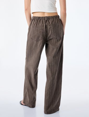 Pamuklu Rahat Kalıp Beli Bağcıklı Çizgili Pantolon - Loose Straight Fit Jean
