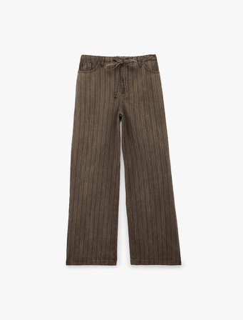 Pamuklu Rahat Kalıp Beli Bağcıklı Çizgili Pantolon - Loose Straight Fit Jean