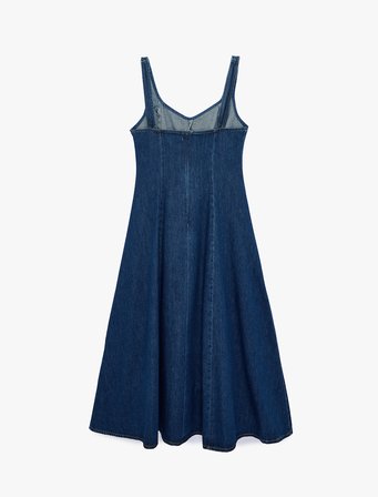 Volanlı Kolsuz V Yaka Asimetrik Kesim Denim Elbise