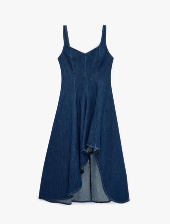 Volanlı Kolsuz V Yaka Asimetrik Kesim Denim Elbise