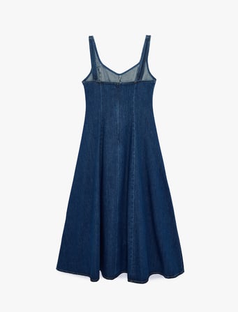 Volanlı Kolsuz V Yaka Asimetrik Kesim Denim Elbise
