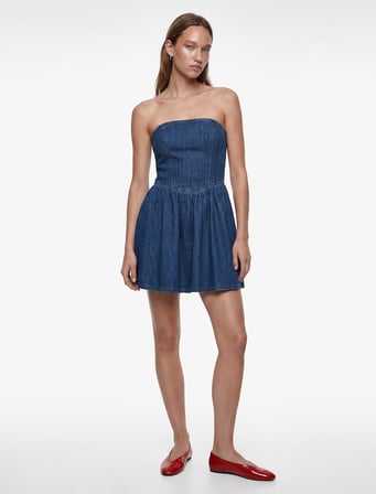 Pamuklu Straplez Kalp Yaka Kolsuz Korse Detaylı Mini Denim Elbise