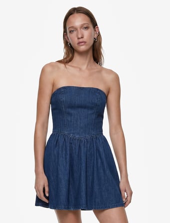 Pamuklu Straplez Kalp Yaka Kolsuz Korse Detaylı Mini Denim Elbise
