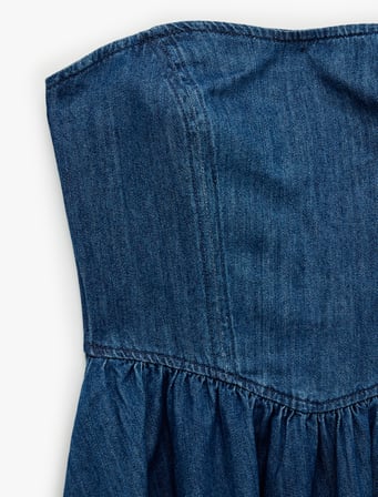 Pamuklu Straplez Kalp Yaka Kolsuz Korse Detaylı Mini Denim Elbise