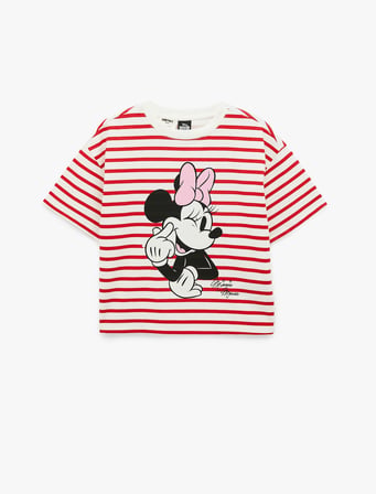 Lisanslı Minnie Mouse Baskılı Kısa Kollu Bisiklet Yaka Pamuklu Çizgili Tişört