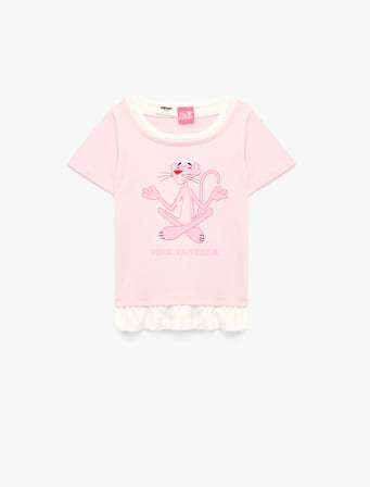 Pembe Panter Baskılı Kısa Kollu Bisiklet Yaka Pamuklu Lisanslı Tişört