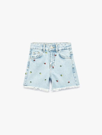 Çiçekli Nakış Detaylı Cepli Püsküllü Denim Şort