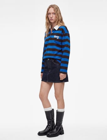 Şardonlu Düğmeli Rahat Kalıp Uzun Kollu Baskılı Polo Yaka Çizgili Sweatshirt