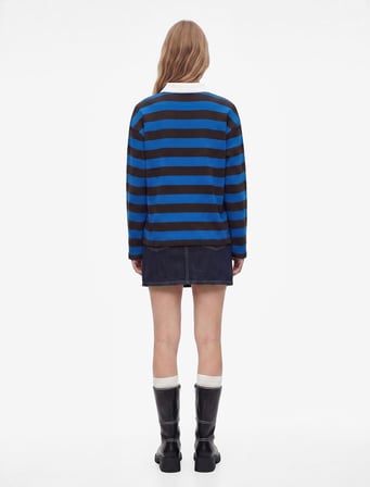 Şardonlu Düğmeli Rahat Kalıp Uzun Kollu Baskılı Polo Yaka Çizgili Sweatshirt