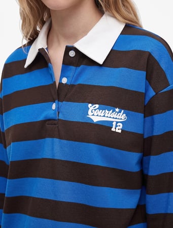 Şardonlu Düğmeli Rahat Kalıp Uzun Kollu Baskılı Polo Yaka Çizgili Sweatshirt