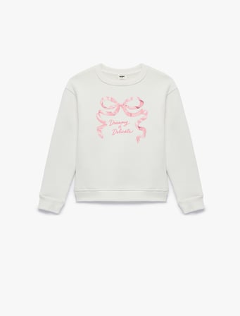 Uzun Kollu Bisiklet Yaka Fiyonk Baskılı Sweatshirt