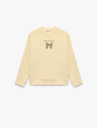 Uzun Kollu Fiyonk Baskılı Üç İplik Şardonlu Bisiklet Yaka Sweatshirt
