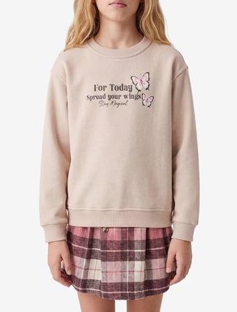 Şardonlu Uzun Kollu Bisiklet Yaka Baskılı Sweatshirt