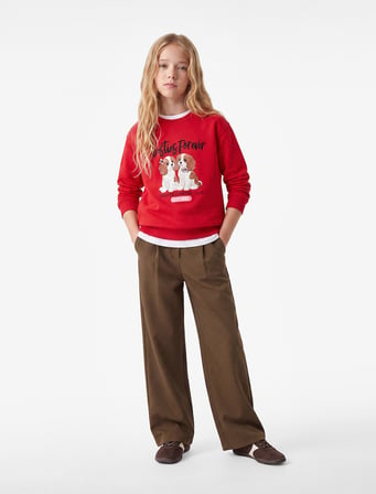 Köpek Baskılı Uzun Kollu Bisiklet Yaka Üç İplik Şardonlu Sweatshirt