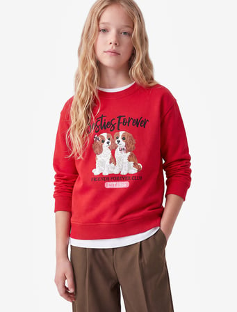 Köpek Baskılı Uzun Kollu Bisiklet Yaka Üç İplik Şardonlu Sweatshirt