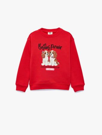 Köpek Baskılı Uzun Kollu Bisiklet Yaka Üç İplik Şardonlu Sweatshirt