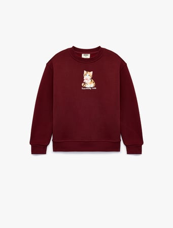 Üç İplik Şardonlu Uzun Kollu Bisiklet Yaka Kedi Baskılı Sweatshirt