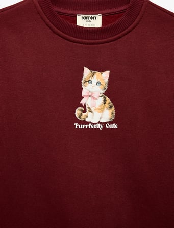 Üç İplik Şardonlu Uzun Kollu Bisiklet Yaka Kedi Baskılı Sweatshirt