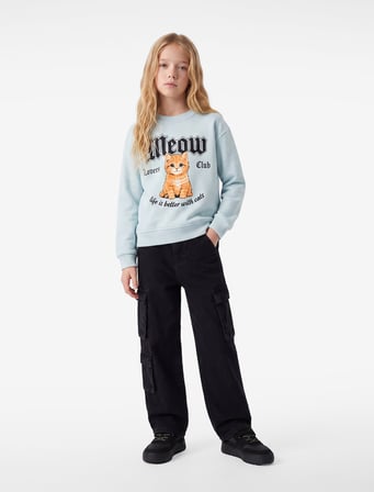Kedi Baskılı Bisiklet Yaka Uzun Kollu Pamuklu Sweatshirt