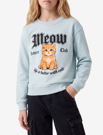 Kedi Baskılı Bisiklet Yaka Uzun Kollu Pamuklu Sweatshirt