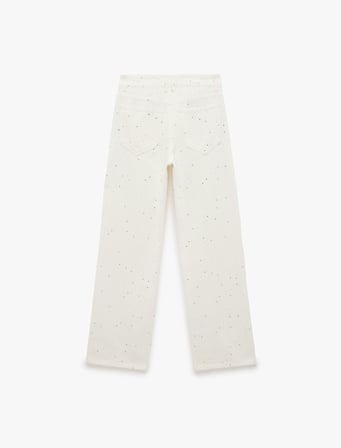 Normal Bel Uzun Düz Kesim Pamuklu Taşlı Denim Pantolon - Straight Fit Jeans