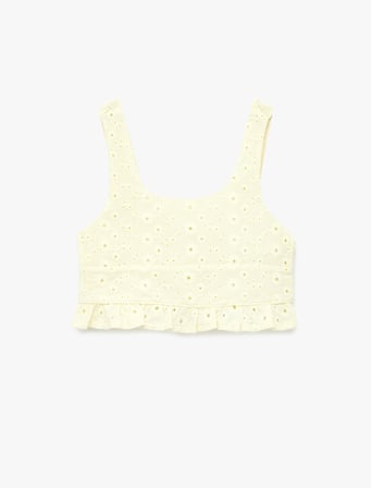 Pamuklu Yuvarlak Yaka Askılı Brodeli Crop Bluz