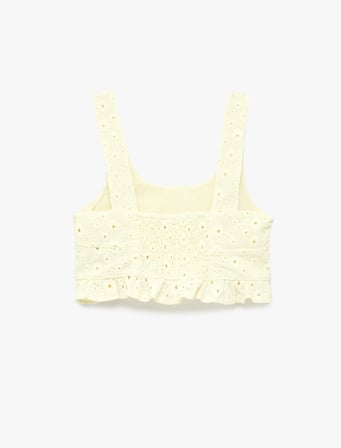 Pamuklu Yuvarlak Yaka Askılı Brodeli Crop Bluz
