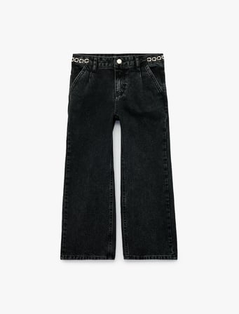 Pamuklu Zincir Detaylı Geniş Paça Denim Pantolon
