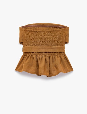 Keten Görünümlü Gipeli Kat Detaylı Kemerli Crop Straplez Top