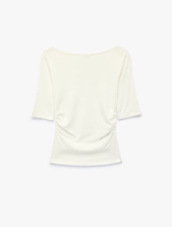 Pamuklu Slim Fit Drapeli Yuvarlak Kayık Yaka Dirsek Boy Tişört