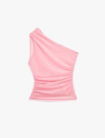 Slim Fit Drapeli Transparan Tül Tek Omuz Bluz