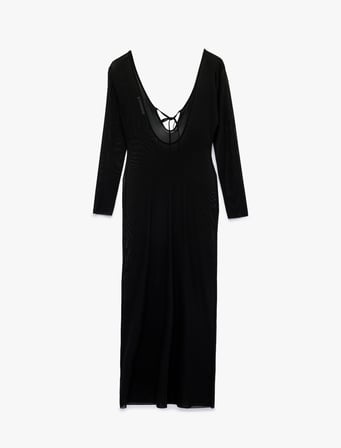 V Yaka Uzun Kollu Slim Fit Tül Plaj Elbisesi