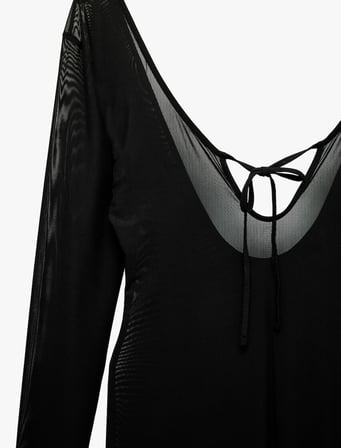 V Yaka Uzun Kollu Slim Fit Tül Plaj Elbisesi