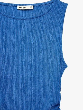 Drape Detaylı Bisiklet Yaka Kolsuz Dokulu Kobalt Mavi Bodycon Elbise