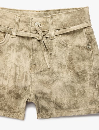 Pamuklu Kuşak Detaylı Cepli Desenli Denim Şort