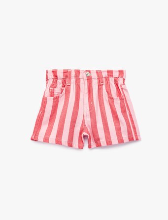 Pamuklu Yüksek Bel Cepli Çizgili Denim Şort