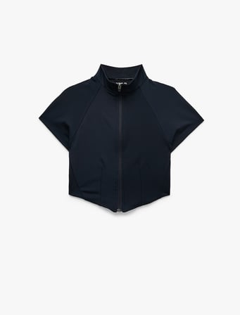 Slim Fit Dik Yaka Reglan Kollu Fermuarlı Spor Tişört