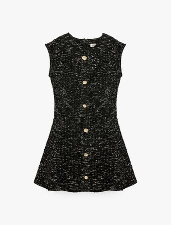 Slim Fit Mücevher Düğmeli Bisiklet Yaka Kolsuz Tüvit Mini Kloş Elbise
