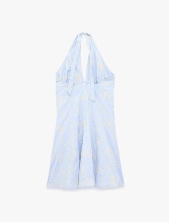 Brodeli Floral Nakış Detaylı Slim Fit Sırt Dekolteli Halter Yaka Çizgili Mini Elbise