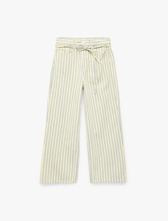 Çizgili Pamuklu Normal Bel Bağcık Detaylı Crop Wide Leg Pantolon