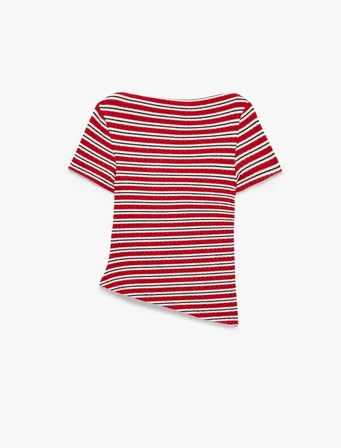 Slim Fit Kısa Kollu Bisiklet Yaka Asimetrik Çizgili Drapeli Bluz