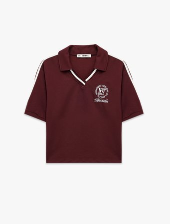 Pamuklu Nakışlı Şerit Detaylı Kısa Kollu Polo Yaka Tişört